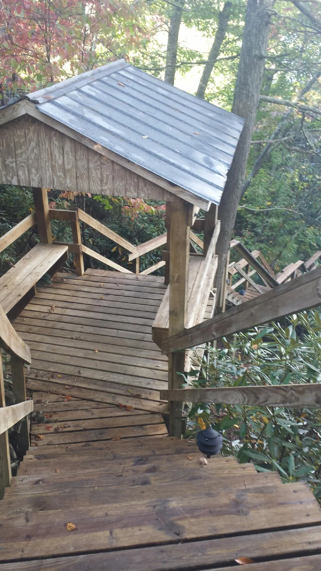 Metal roofed shelter over wooden steps on a wooded walkway — Skylight Repair & Installation work by our crew in Montana Mines